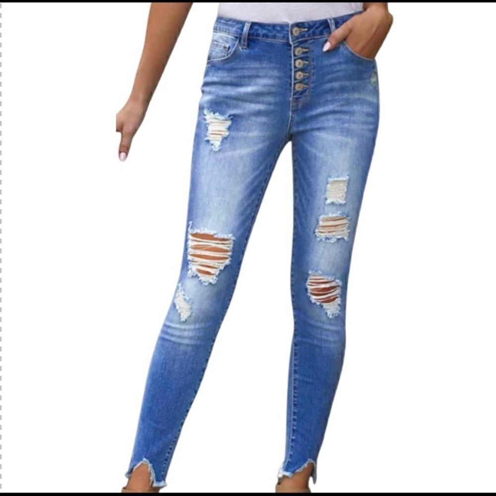 102. High Waist, Distressed, button fly jeans